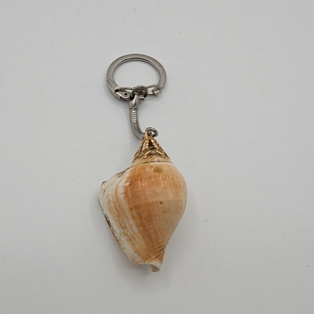Natural Conch Seashell Keychain Silver Snake Chain Gold Filigree Coastal Decor